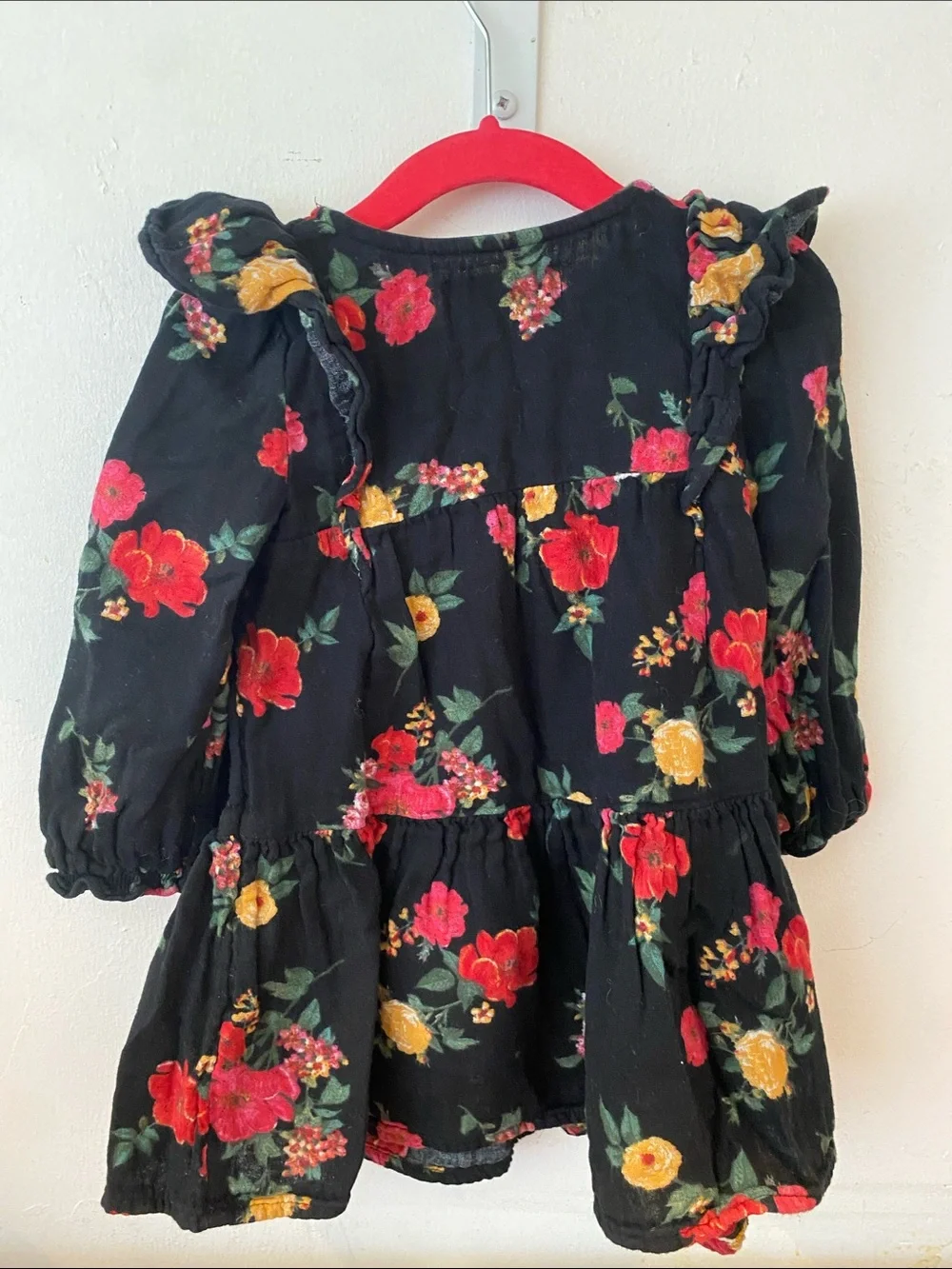 Old Navy Black Floral Ruffled Long-Sleeve Dress with Red & Yellow Blooms